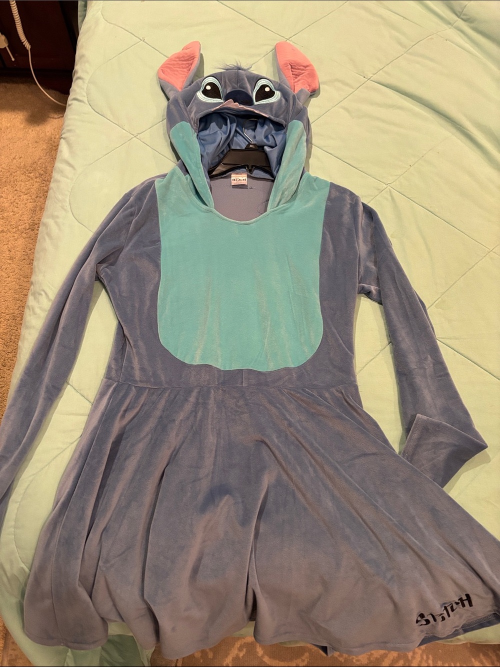 Disney Girls Stitch Hooded Plush Costume Dress - Blue & Teal with Pink Ears